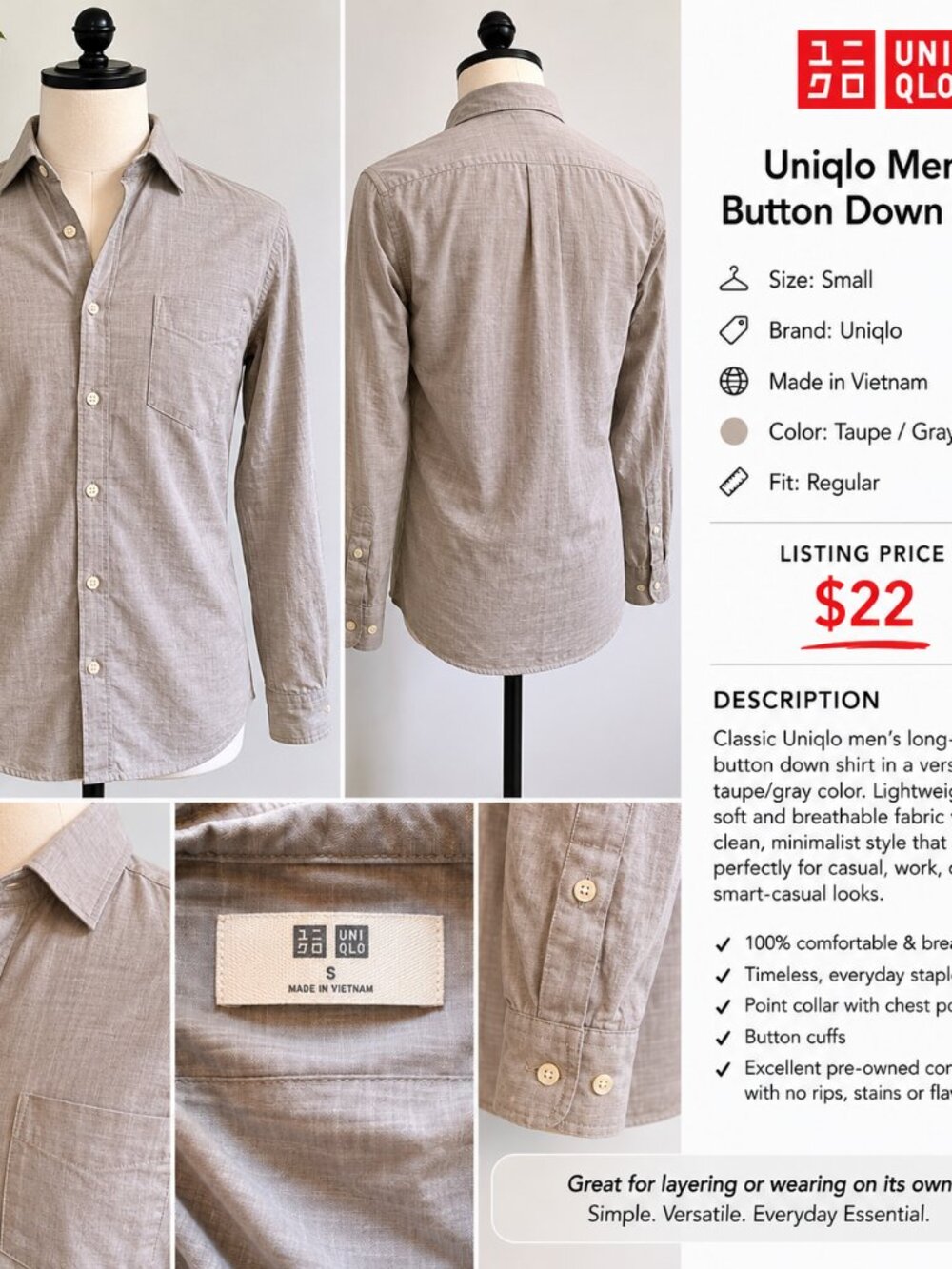 Uniqlo Men’s Taupe Button Down Shirt Size Small Minimalist Casual